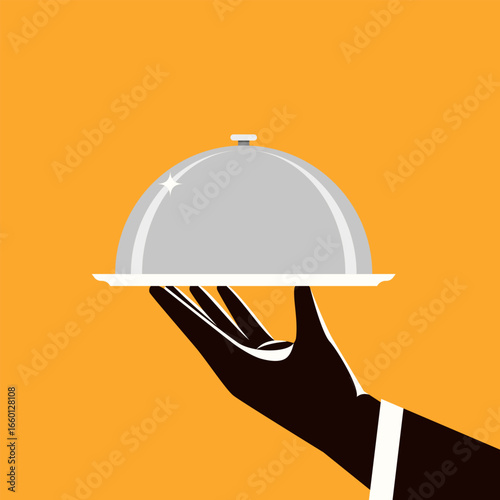 Elegant hand holding a silver cloche on tray. Minimal restaurant service icon for hospitality, catering, or gourmet food concepts.