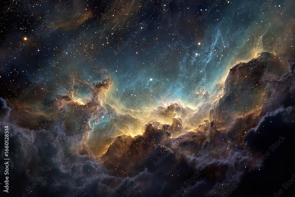 Fototapeta premium A vibrant, colorful nebula fills the frame with purples, blues, and oranges. 