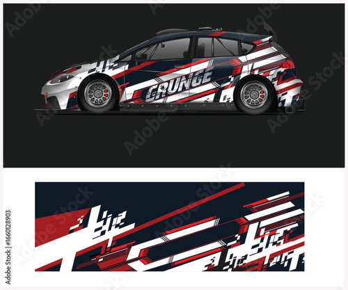Car Wrap Design with Grunge Text and Abstract Racing Stripes Pattern