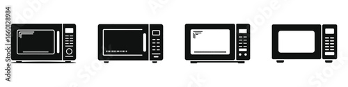 Set of four black microwave oven silhouettes with different designs and control panels isolated on white background, modern kitchen appliance icons for cooking and heating food