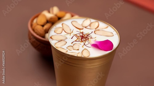 Creamy Lassi with Almonds Saffron and Rose Petal in Golden Glass next to Pistachios and Almonds in a Brown Background Still Life Studio Shot