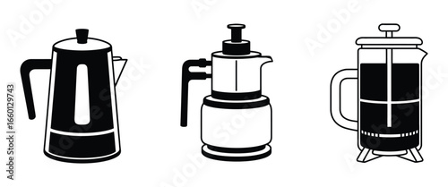 Vector art of a trio of coffee makers, showcasing various brewing methods from electric kettles to french presses for the perfect morning cup