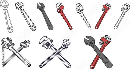 Red and white adjustable pipe wrenches set side by side