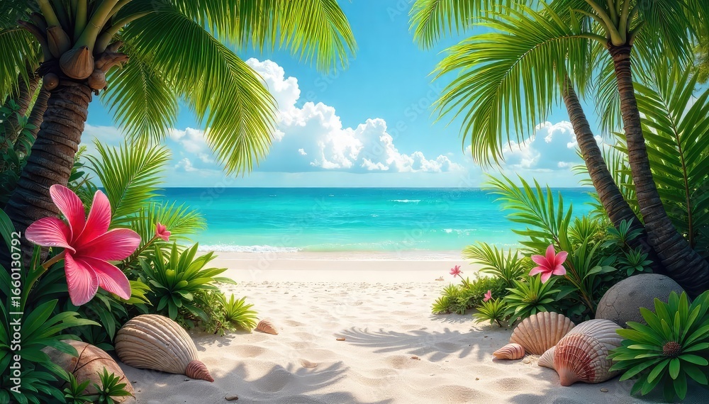 Fototapeta premium Tropical Beach Garden Oasis Tranquil Escape with Lush Plants, Vibrant Flowers, and Soft Sand Perfect for Relaxation and Rejuvenation