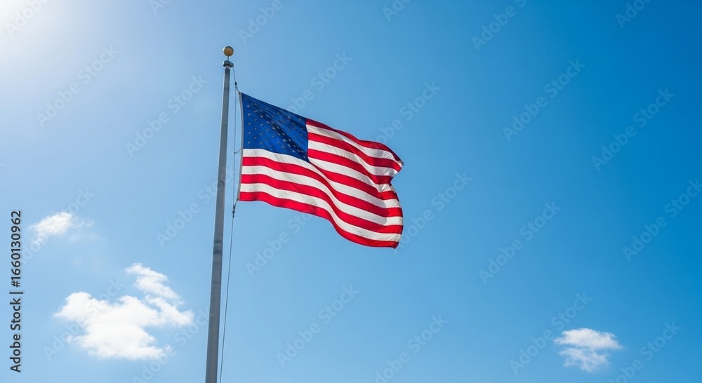 Naklejka premium American flag waving in sunny sky