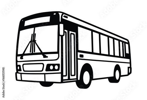Vector art of a black and white illustration of a city bus, a common mode of public transportation used for commuting and traveling within urban areas