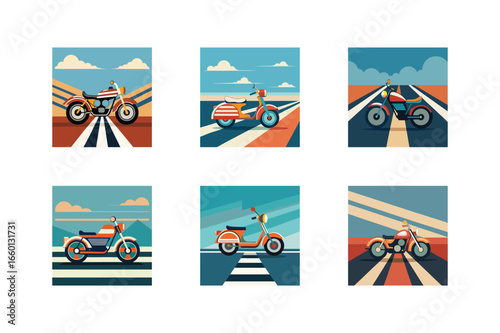 Six illustrations of motorcycles on roads Keywords: motorcycle, motorbike, scooter, road, street