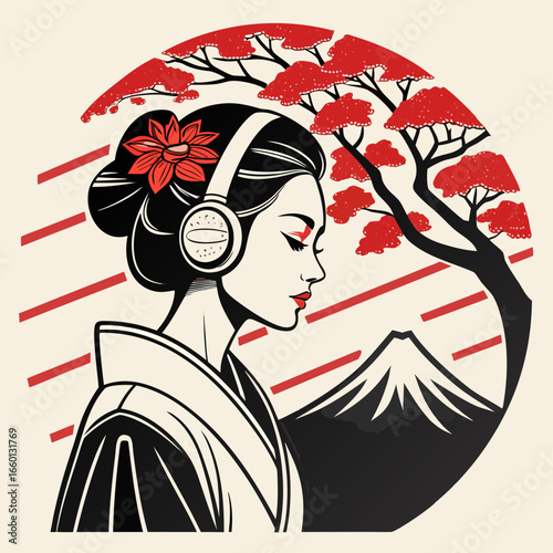 Stylized japanese woman in kimono wearing headphones with mount fuji and red tree