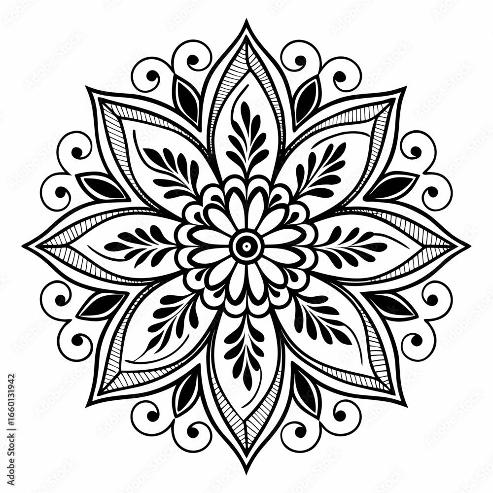 Fototapeta premium Intricate black and white mandala design with floral and swirling patterns