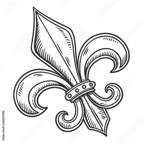 Ornate hand drawn fleur de lis symbol in black and white sketch style