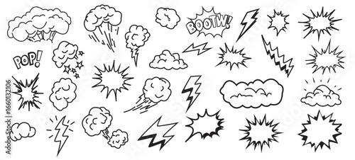 Comic Explosion Cloud Lightning Pop Art Doodle Clipart Vector Set