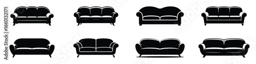 Set of Eight Black Silhouette Sofas and Couches, Various Classic and Modern Upholstered Living Room Furniture Designs, Comfortable Seating Vector Icons for Home and Interior Décor
