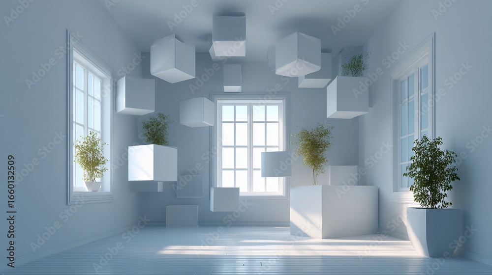 Fototapeta premium All-white room w/ floating cubes & plants, illuminated by windows