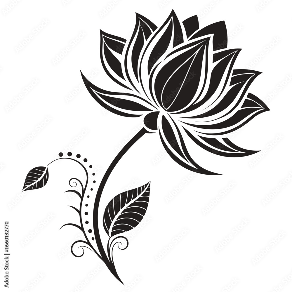 Elegant black and white stylized lotus flower with decorative stem and leaves Elegant black and white stylized lotus flower with decorative stem and leaves