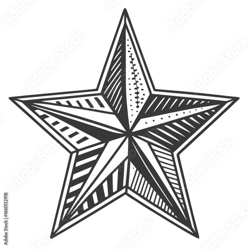 Detailed hand drawn five pointed star with intricate geometric patterns and shading