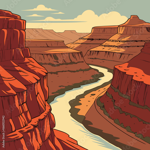 A winding river flows through the depths of a majestic canyon landscape
