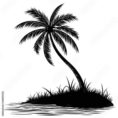 Black silhouette of a single palm tree on a grassy island with water reflections