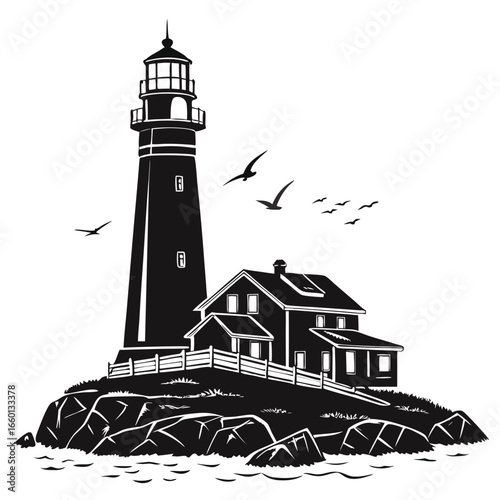 Classic lighthouse and keeper s house silhouette on a rocky island with seagulls flying
