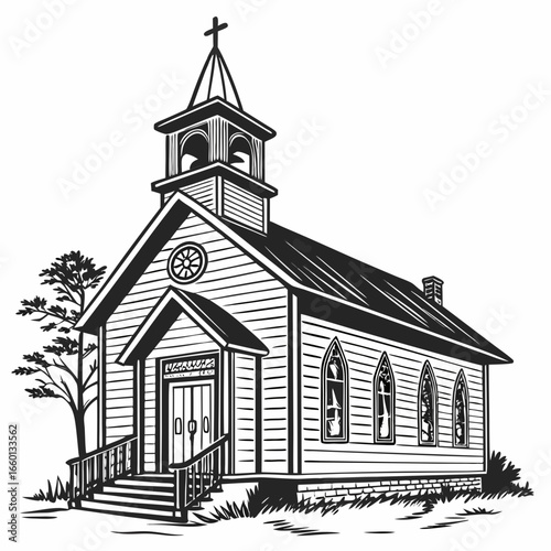 Classic wooden church building with steeple and bell tower in black and white