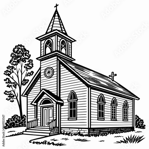 Classic american wooden church building with steeple and cross