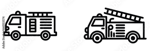 Vector art of two fire trucks are shown in a black outline drawing, , one with a ladder and the other with a water hose, symbolizing emergency services