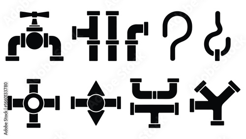Illustration of various plumbing pipe fittings and connections, showcasing different types of connectors, valves, and joints used in plumbing systems