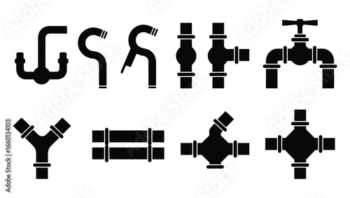 Illustration of various plumbing pipe fittings and connections, showcasing different types of connectors, valves, and joints used in plumbing systems
