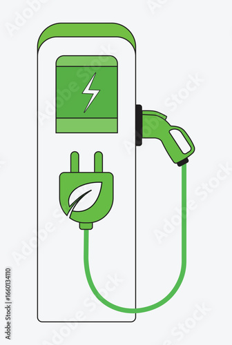 Vector art of electric vehicle charging station with plug and cable , station, plug, car, energy, power, green , fuel, supply.