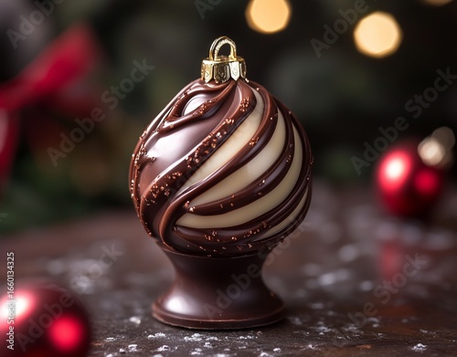 Wallpaper Mural A beautiful, swirled chocolate ornament sits on a rustic surface, with festive lights in the background Torontodigital.ca