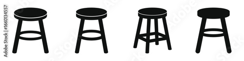 Set of Four Black Silhouette Wooden Bar Stools with Round Seats and Footrests, Classic and Modern High Seating Furniture Icons, Versatile Kitchen and Bar Stool Vector Illustrations