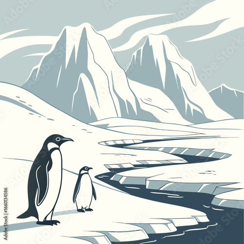 Penguins in antarctica landscape with mountains, ice, and snow