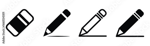 Illustration of an eraser and three pencils in different styles, , representing writing, drawing, editing, and correction in various contexts