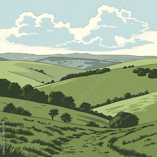 Lush green hills and serene sky create a peaceful countryside landscape view