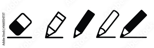 Vector art of a set of writing and drawing tools, including an eraser and four pencils in varying styles, , symbolizing creativity and correction