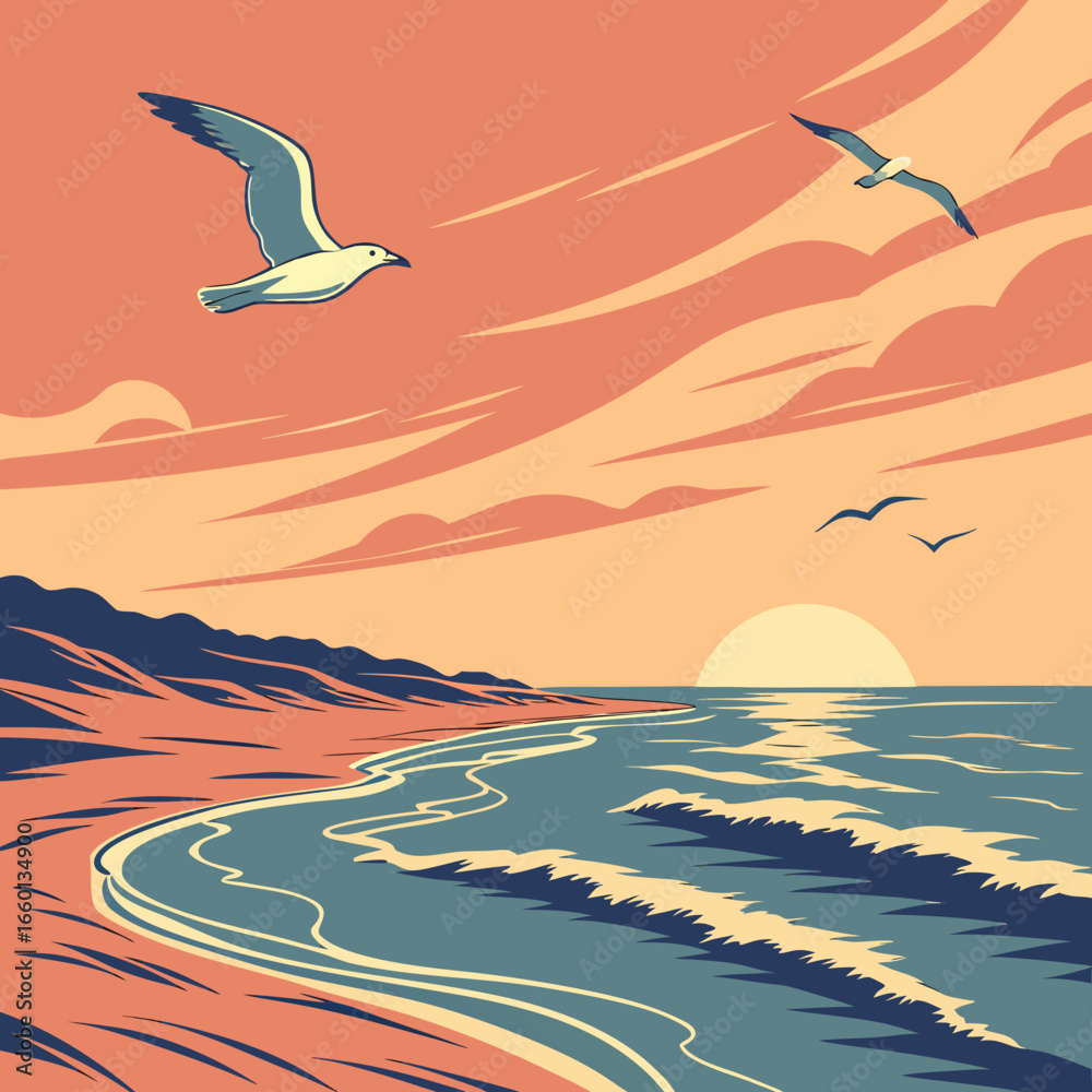 Naklejka premium Seascape with seagulls flying over the ocean at sunset with a colorful sky
