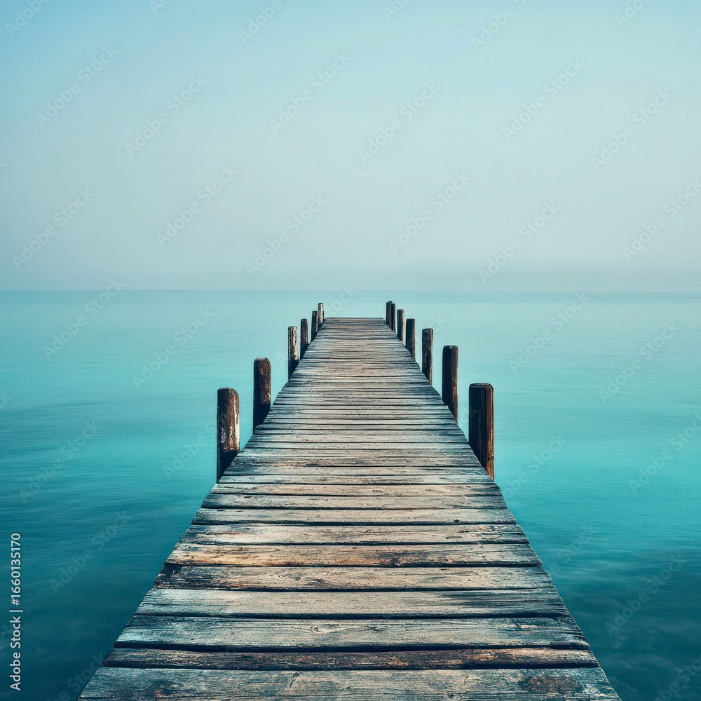 Naklejka premium Misty turquoise lake with pier, ideal for travel visuals, lifestyle blogs, wellness inspiration
