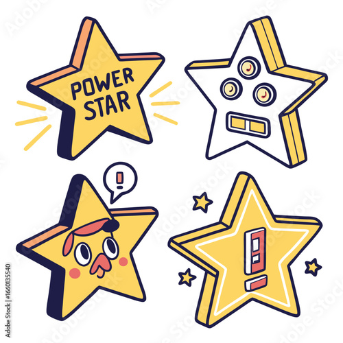 Gaming power up star icon set for digital interfaces and game design elements