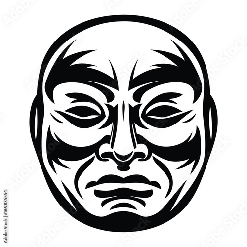 Bold black and white stylized tribal mask face with intense expression
