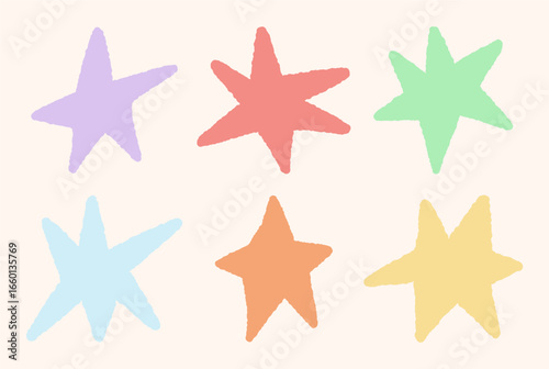 Colorful abstract doodle star set, Hand drawn vector stars and sparkles symbols, Flat vector illustrations isolated on background
