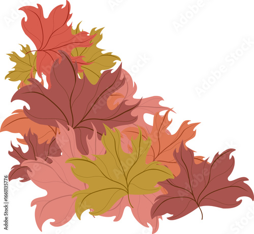 Isolated corner arrangement of stylized maple leaves in various autumn colors. Hand drawn graphic element in a simple, whimsical style, perfect for adding a touch of fall to seasonal designs.