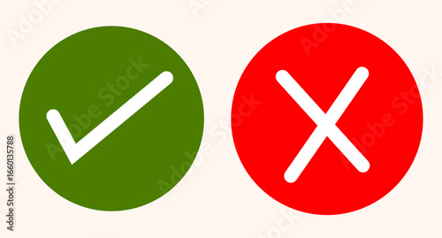 Green check mark, red cross mark icons in circle, Tick symbol, red cross sign, checkmark. Icons for test evaluation. Vector illustration
