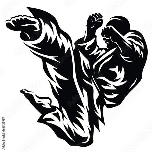 Dynamic monochrome vector illustration of a martial artist executing a kick