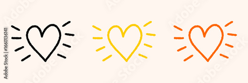 Hand drawn heart with sun rays, cute doodle heart with light rays, abstract love heart icons vector illustration isolated, sunburst heart set