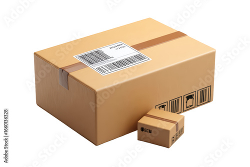 Cardboard boxes, one large, one small, with shipping labels and tape