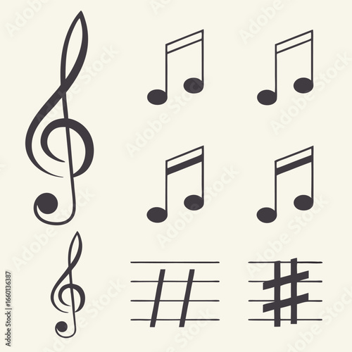 A comprehensive collection of musical notation symbols and icons designed for various applications and creative projects
