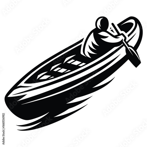 Illustration of person rowing or paddling a canoe in a stylistic manner