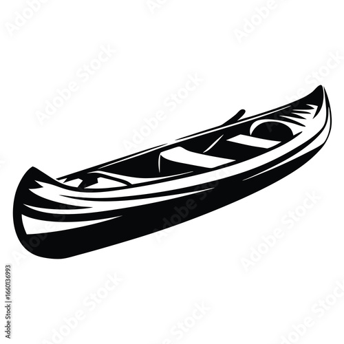 Monochrome image of a canoe floating on the water with a paddle