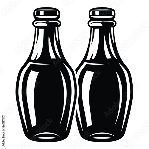 Two vintage black and white bottles of dark liquid illustration