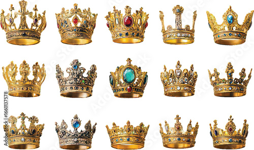 Assortment of Fifteen Ornate Gold and Jeweled Royal Crowns on White Background royalty golden
