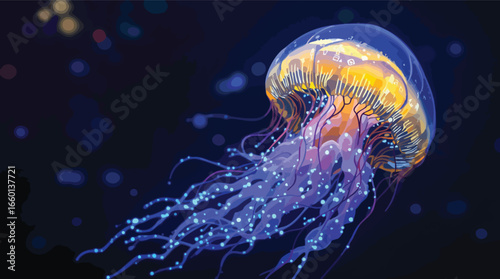 Bioluminescent Jellyfish with Tentacles Floating in Dark Water with Bokeh Lights glowing marine life.